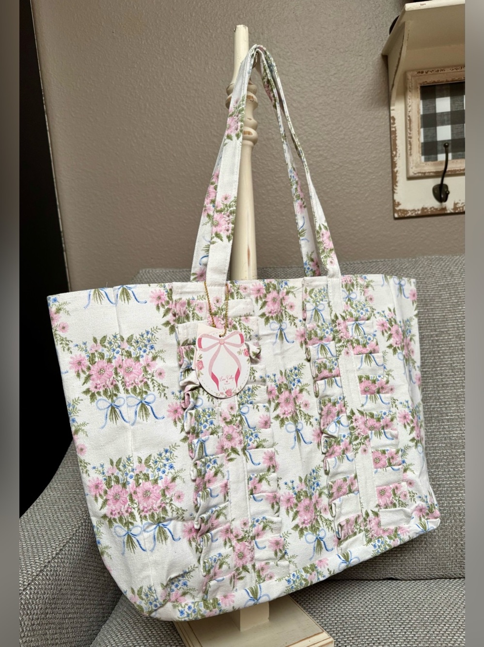 Ruffle 🌸 Floral Canvas Tote Bag Shoulder Bag Ivory Pink Blue Bookish sealed NWT